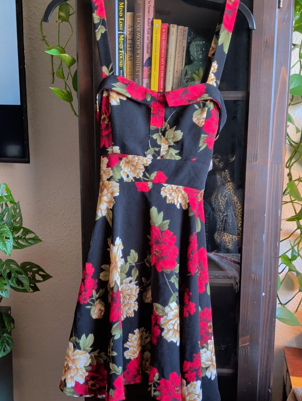 Floral Fit-and-Flare Dress in Black with Red & Cream Blooms